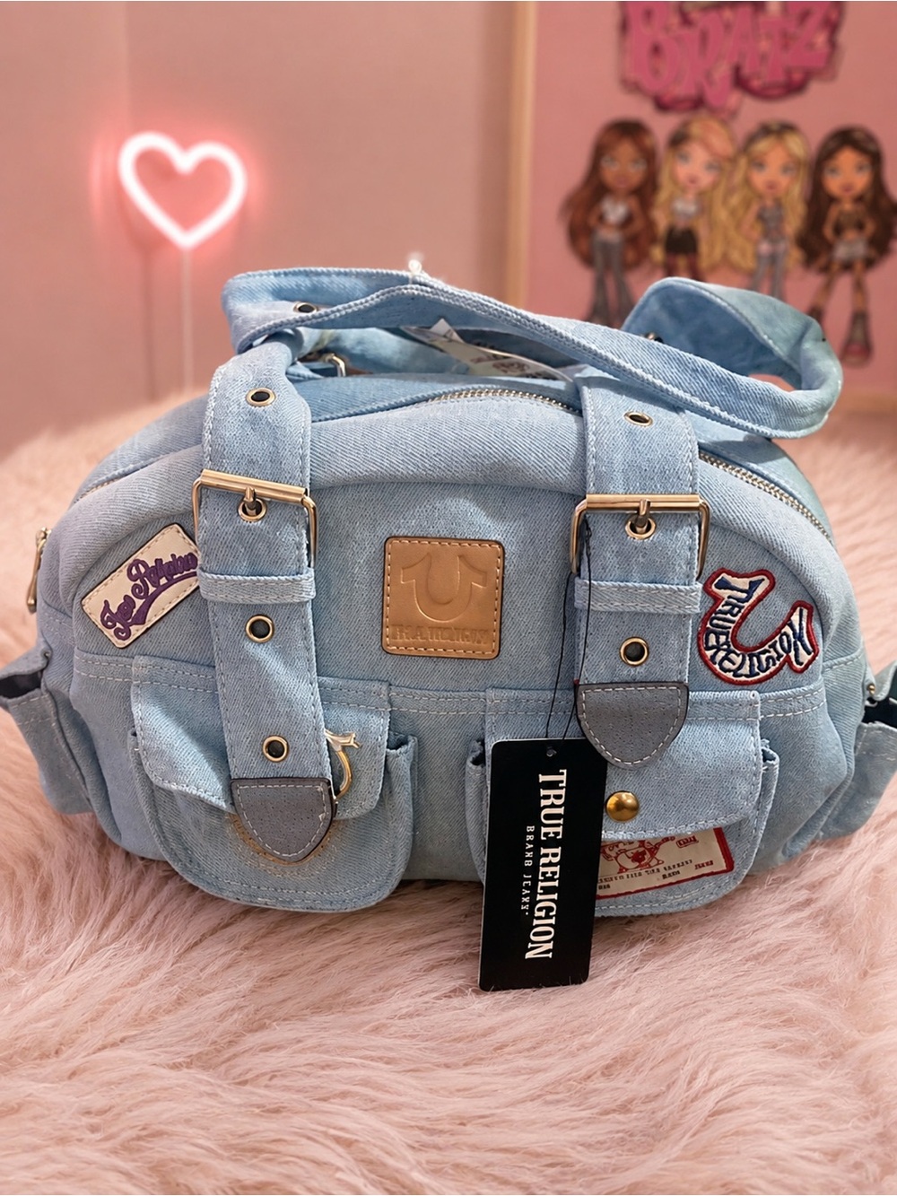 True Religion Light Blue Denim Patchwork Shoulder Bag